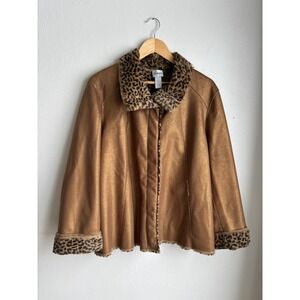 Chico's Bronze Metallic Faux Suede Leopard Fur Trim Jacket Size 3 Large XL